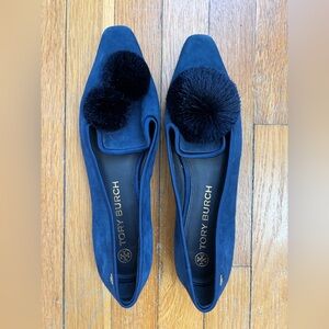 Tory Burch Navy Loafers with Black Pom Poms
